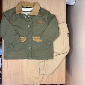 NWOT 3 Piece Eddie Bauer Boy Green/Tan/White Jacket Pants Shirt 9-12 Mo